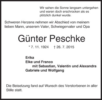 Traueranzeige von Günter Peschke von trauer.echo-online.de