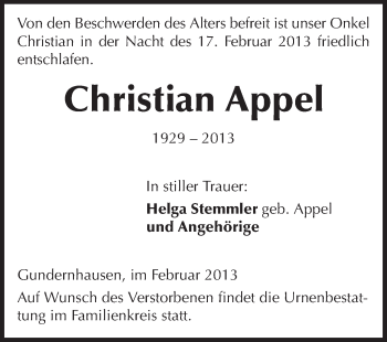 Traueranzeige von Christian Appel von Echo-Zeitungen (Gesamtausgabe)