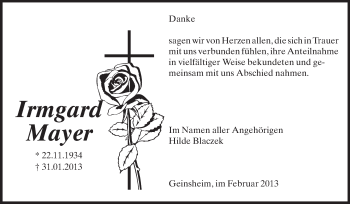 Traueranzeige von Irmgard Mayer von Rüsselsheimer Echo, Groß-Gerauer-Echo, Ried Echo