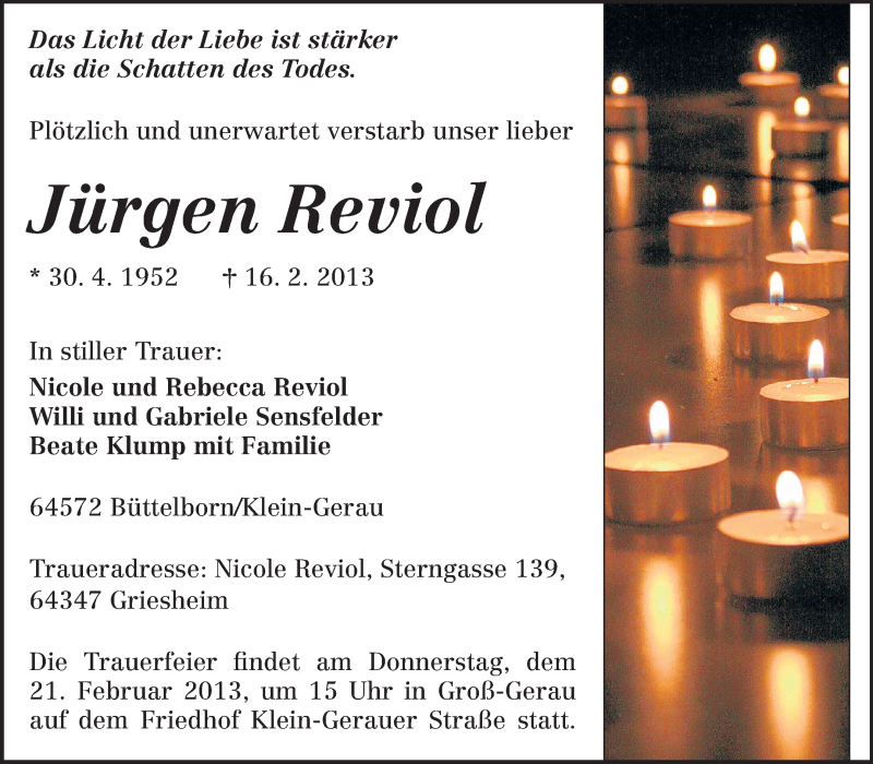  Traueranzeige für Jürgen Reviol vom 20.02.2013 aus Rüsselsheimer Echo, Groß-Gerauer-Echo, Ried Echo