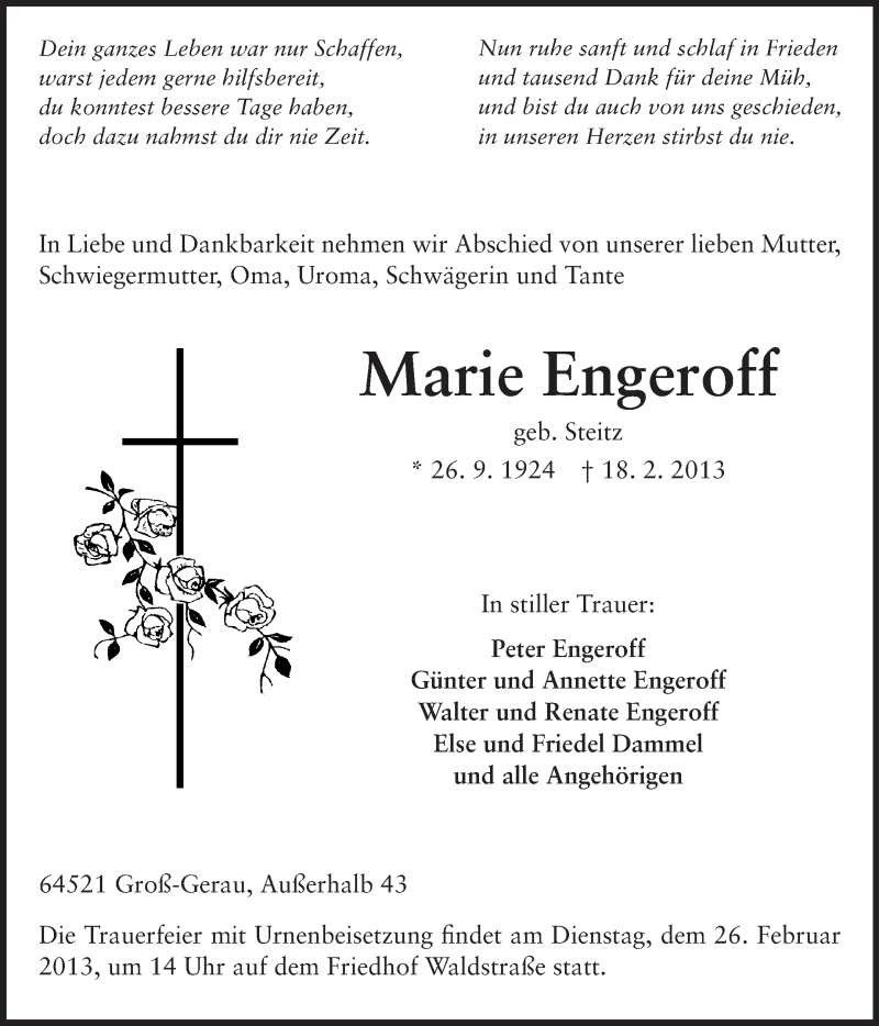  Traueranzeige für Marie Engeroff vom 23.02.2013 aus Rüsselsheimer Echo, Groß-Gerauer-Echo, Ried Echo