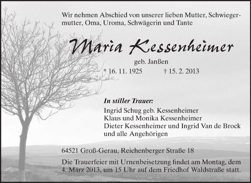  Traueranzeige für Maria Kessenheimer vom 27.02.2013 aus Rüsselsheimer Echo, Groß-Gerauer-Echo, Ried Echo