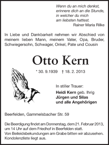 Traueranzeige von Otto Kern von Odenwälder Echo