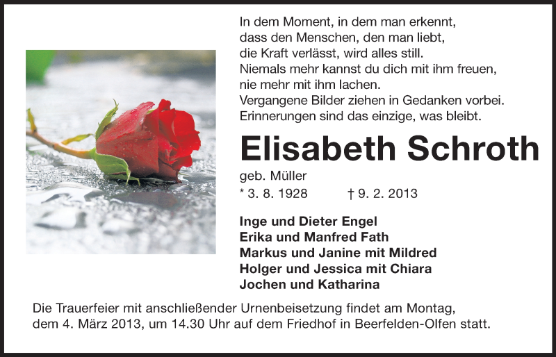  Traueranzeige für Elisabeth Schroth vom 28.02.2013 aus Odenwälder Echo