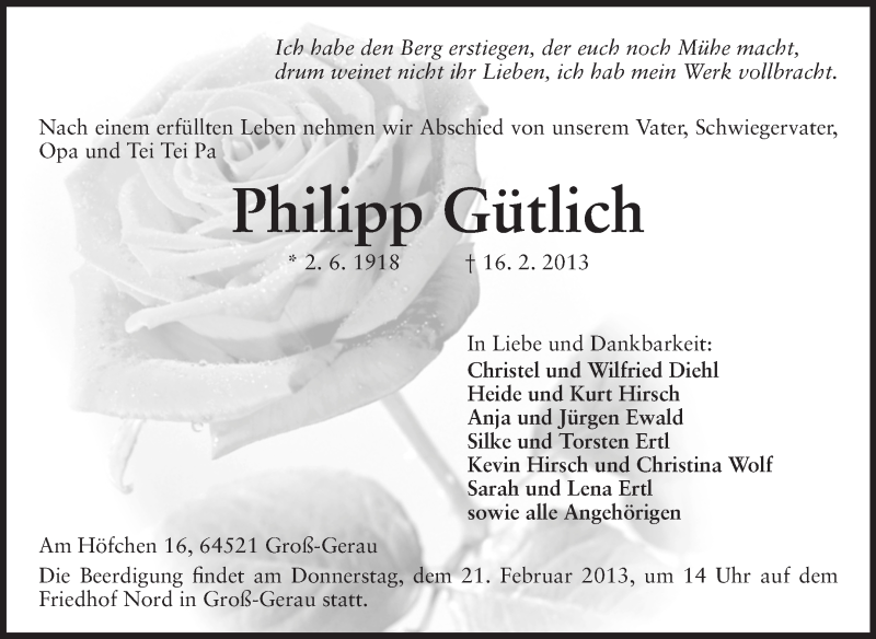  Traueranzeige für Philipp Gütlich vom 20.02.2013 aus Rüsselsheimer Echo, Groß-Gerauer-Echo, Ried Echo