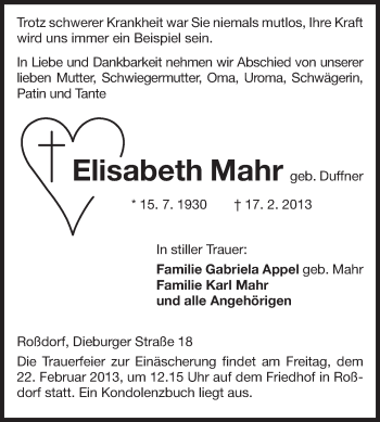 Traueranzeige von Elisabeth Mahr von Echo-Zeitungen (Gesamtausgabe)