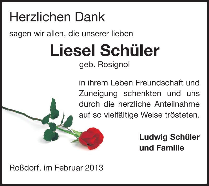  Traueranzeige für Liesel Schüler vom 20.02.2013 aus Echo-Zeitungen (Gesamtausgabe)