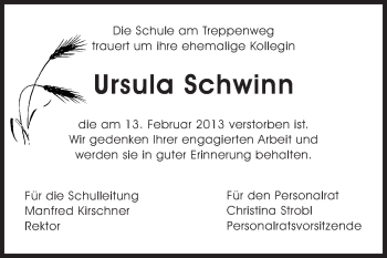 Traueranzeige von Ursula Schwinn von Odenwälder Echo