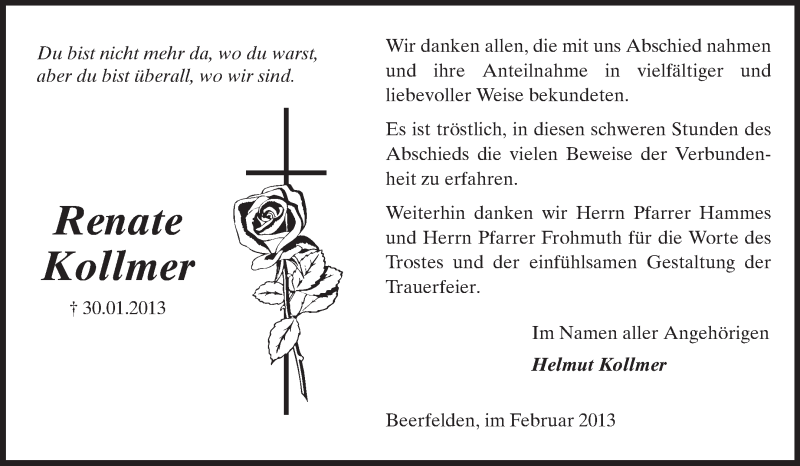  Traueranzeige für Renate Kollmer vom 23.02.2013 aus Odenwälder Echo
