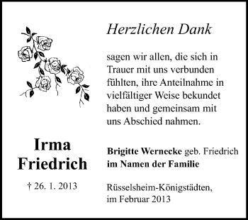 Traueranzeige von Irma Friedrich von Rüsselsheimer Echo, Groß-Gerauer-Echo, Ried Echo