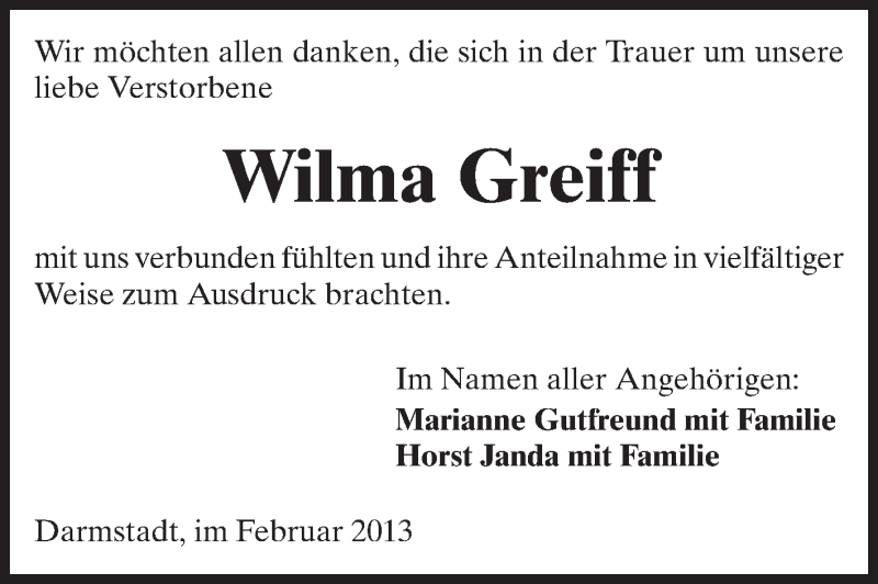  Traueranzeige für Wilma Greiff vom 23.02.2013 aus Echo-Zeitungen (Gesamtausgabe)