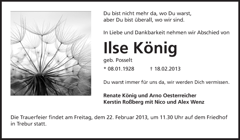  Traueranzeige für Ilse König vom 20.02.2013 aus Rüsselsheimer Echo, Groß-Gerauer-Echo, Ried Echo