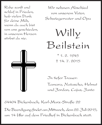 Traueranzeige von Willy Beilstein von Echo-Zeitungen (Gesamtausgabe)