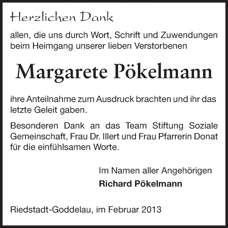  Traueranzeige für Margarete Pökelmann vom 20.02.2013 aus Rüsselsheimer Echo, Groß-Gerauer-Echo, Ried Echo