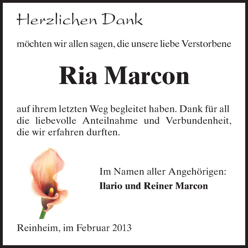  Traueranzeige für Ria Marcon vom 23.02.2013 aus Echo-Zeitungen (Gesamtausgabe)