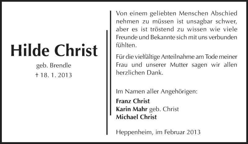  Traueranzeige für Hilde Christ vom 23.02.2013 aus Starkenburger Echo