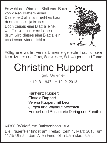 Traueranzeige von Ruppert Christine von Echo-Zeitungen (Gesamtausgabe)