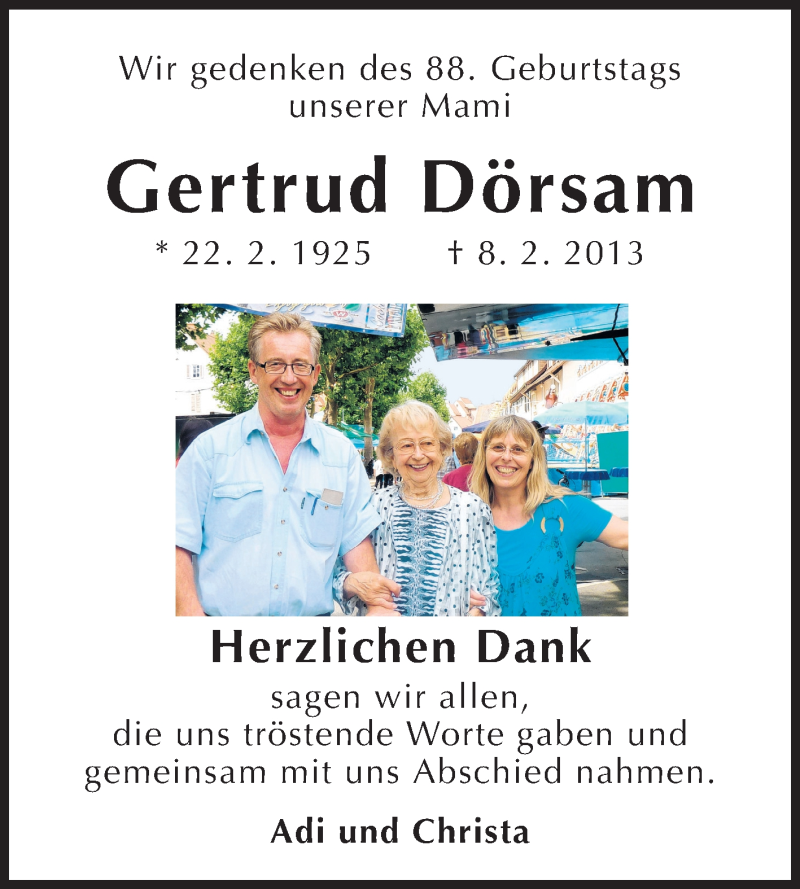  Traueranzeige für Gertrud Dörsam vom 22.02.2013 aus Starkenburger Echo
