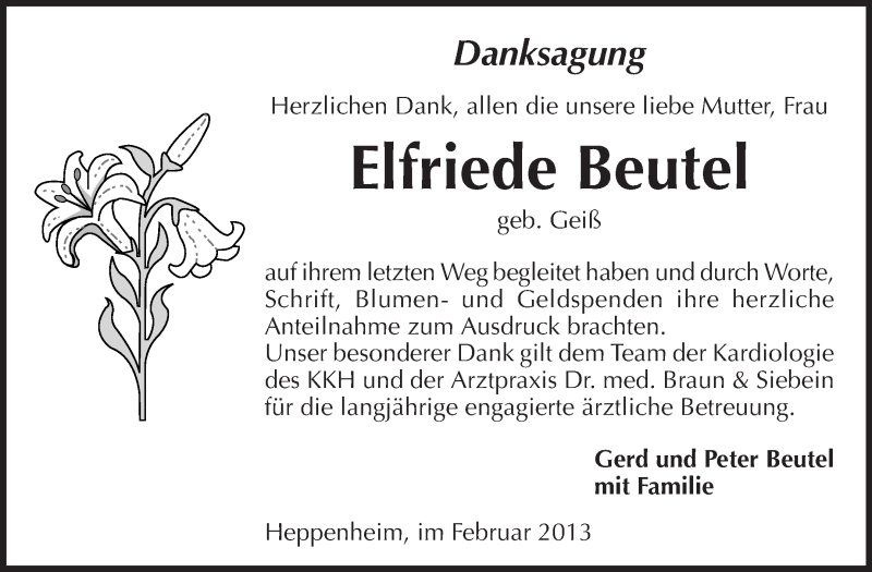  Traueranzeige für Elfriede Beutel vom 23.02.2013 aus Starkenburger Echo