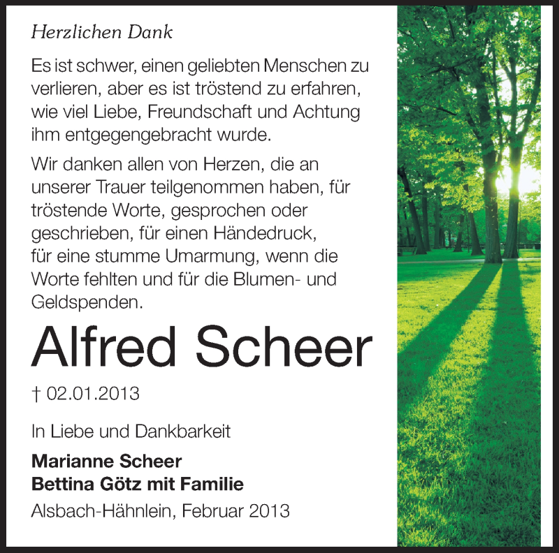  Traueranzeige für Alfred Scheer vom 23.02.2013 aus Echo-Zeitungen (Gesamtausgabe)