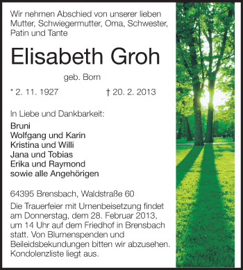 Traueranzeige von Elisabeth Groh von Echo-Zeitungen (Gesamtausgabe)