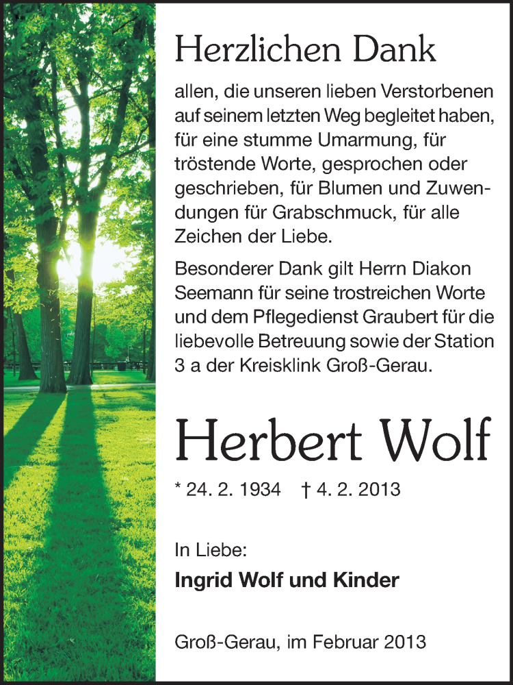  Traueranzeige für Herbert Wolf vom 23.02.2013 aus Rüsselsheimer Echo, Groß-Gerauer-Echo, Ried Echo