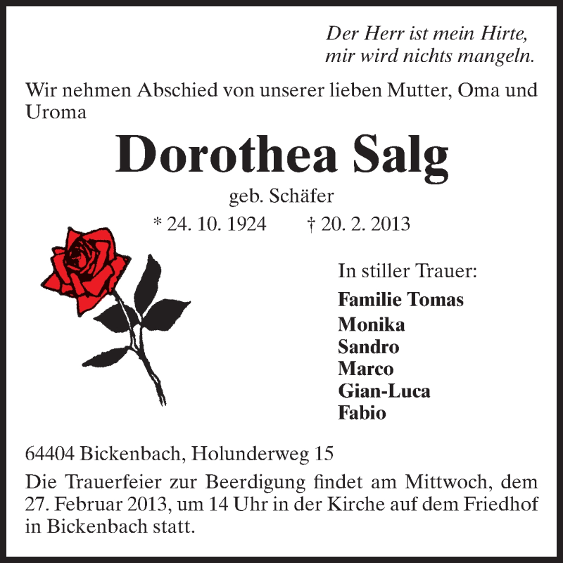  Traueranzeige für Dorothea Salg vom 23.02.2013 aus Echo-Zeitungen (Gesamtausgabe)