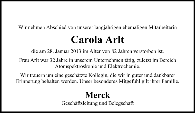  Traueranzeige für Carola Arlt vom 23.02.2013 aus Echo-Zeitungen (Gesamtausgabe)