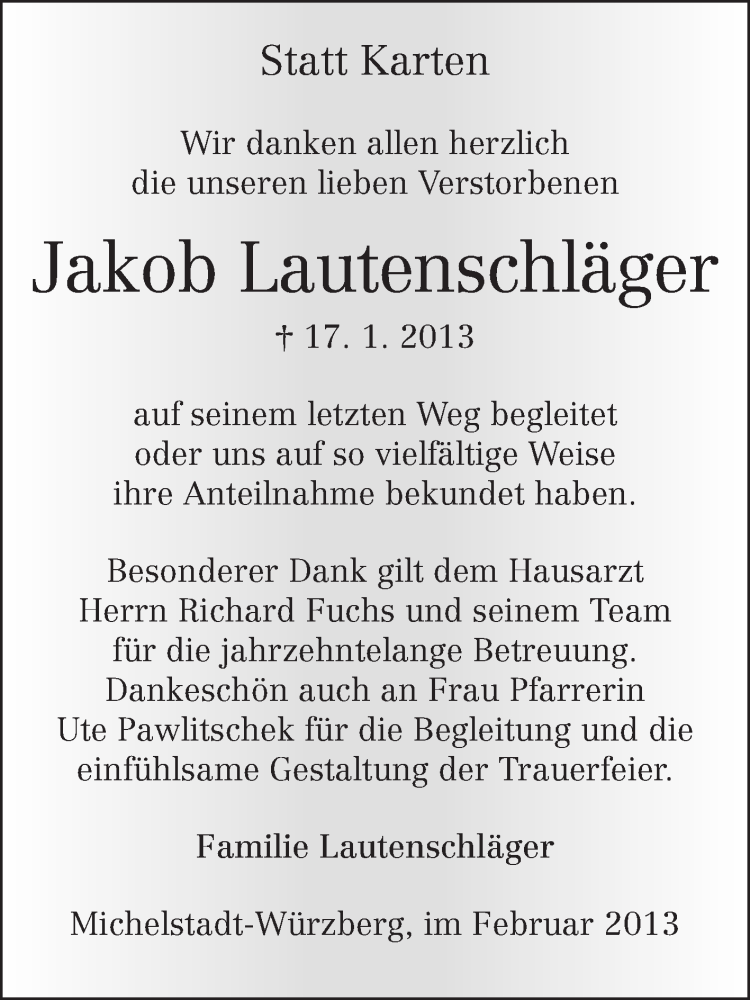  Traueranzeige für Jakob Lautenschläger vom 23.02.2013 aus Odenwälder Echo