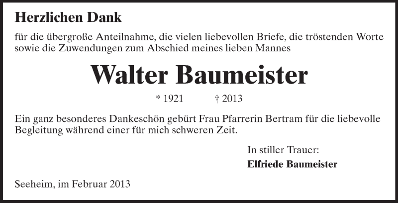  Traueranzeige für Walter Baumeister vom 23.02.2013 aus Echo-Zeitungen (Gesamtausgabe)