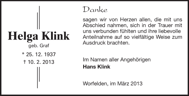  Traueranzeige für Helga Klink vom 05.03.2013 aus Rüsselsheimer Echo, Groß-Gerauer-Echo, Ried Echo
