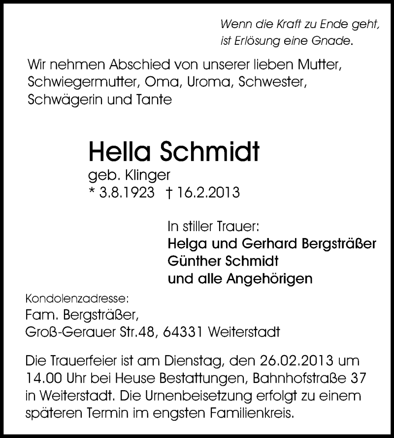  Traueranzeige für Hella Schmidt vom 23.02.2013 aus Echo-Zeitungen (Gesamtausgabe)
