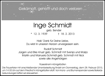 Traueranzeige von Inge Schmidt von Rüsselsheimer Echo, Groß-Gerauer-Echo, Ried Echo