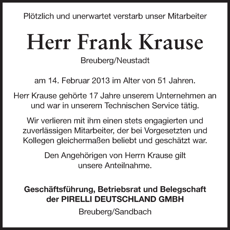 Traueranzeige für Frank Krause vom 23.02.2013 aus Odenwälder Echo