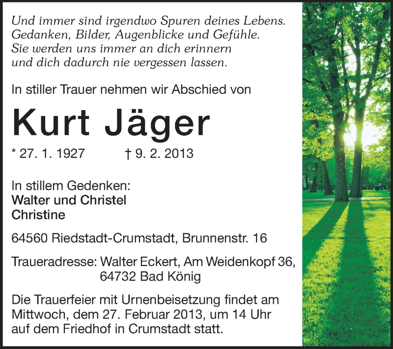  Traueranzeige für Kurt Jäger vom 25.02.2013 aus Rüsselsheimer Echo, Groß-Gerauer-Echo, Ried Echo