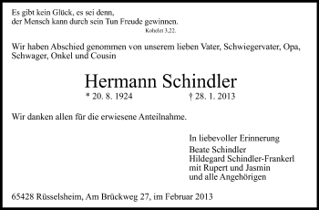 Traueranzeige von Hermann Schindler von Rüsselsheimer Echo, Groß-Gerauer-Echo, Ried Echo