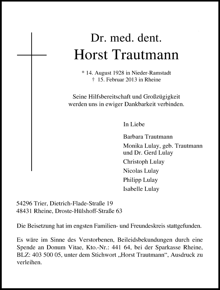  Traueranzeige für Horst Trautmann vom 23.02.2013 aus Echo-Zeitungen (Gesamtausgabe)