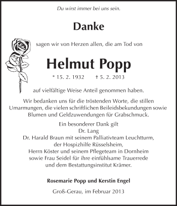 Traueranzeige von Helmut Popp von Rüsselsheimer Echo, Groß-Gerauer-Echo, Ried Echo