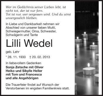 Traueranzeige von Lilli Wedel von Echo-Zeitungen (Gesamtausgabe)