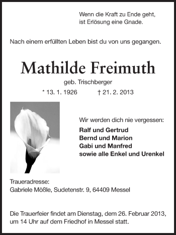 Traueranzeige von Mathilde Freimuth von Echo-Zeitungen (Gesamtausgabe)