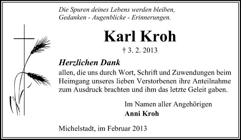  Traueranzeige für Karl Kroh vom 23.02.2013 aus Odenwälder Echo