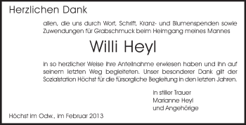 Traueranzeige von Willi Heyl von Odenwälder Echo