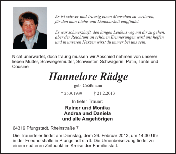 Traueranzeige von Hannelore Rädge von Echo-Zeitungen (Gesamtausgabe)