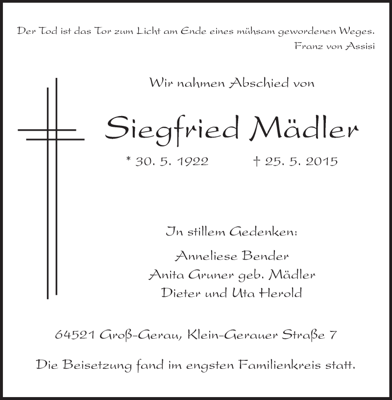 Traueranzeige für Siegfried Mädler vom 13.06.2015 aus Rüsselsheimer Echo, Groß-Gerauer-Echo, Ried Echo