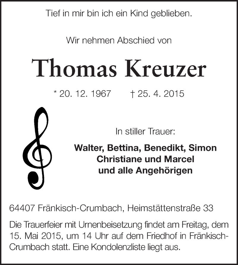  Traueranzeige für Thomas Kreuzer vom 12.05.2015 aus Odenwälder Echo