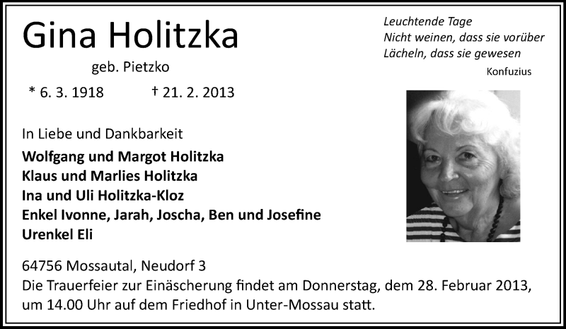 Traueranzeige für Gina Holitzka vom 23.02.2013 aus Odenwälder Echo
