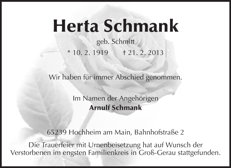  Traueranzeige für Herta Schmank vom 09.03.2013 aus Rüsselsheimer Echo, Groß-Gerauer-Echo, Ried Echo