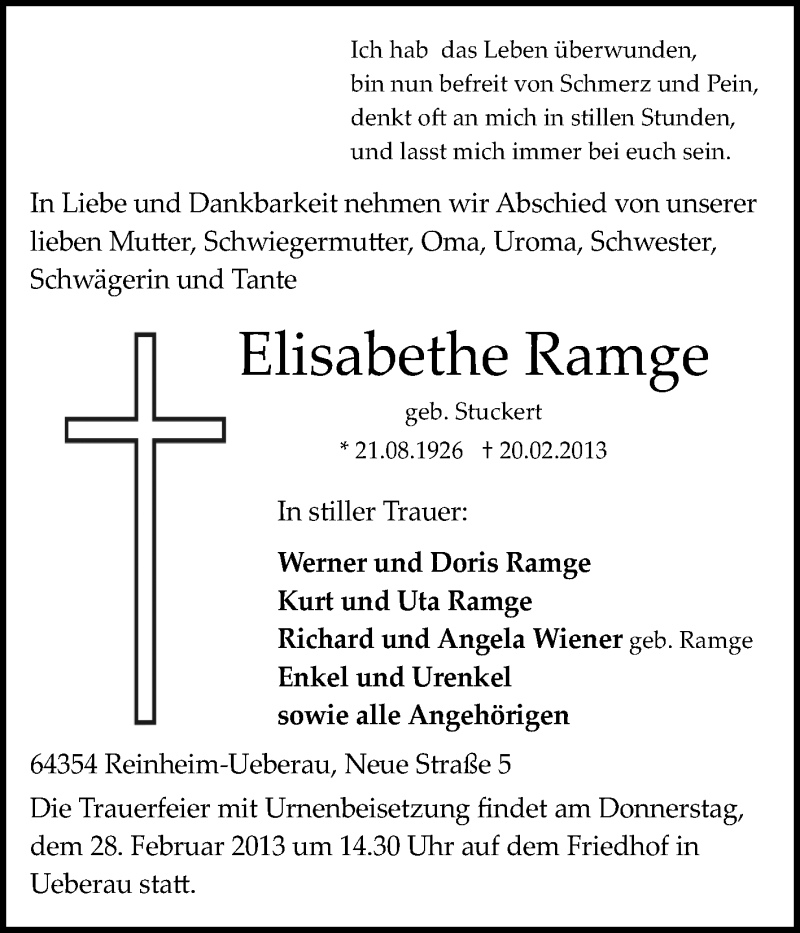  Traueranzeige für Elisabethe Ramge vom 25.02.2013 aus Echo-Zeitungen (Gesamtausgabe)