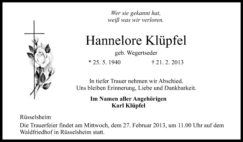  Traueranzeige für Hannelore Klüpfel vom 25.02.2013 aus Rüsselsheimer Echo, Groß-Gerauer-Echo, Ried Echo