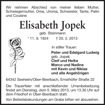 Traueranzeige von Elisabeth Jopek von Echo-Zeitungen (Gesamtausgabe)
